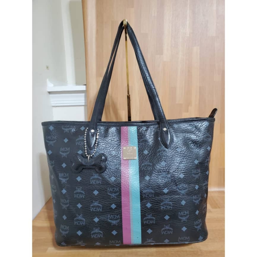 Mcm Black Tote With Multicolor Stripes